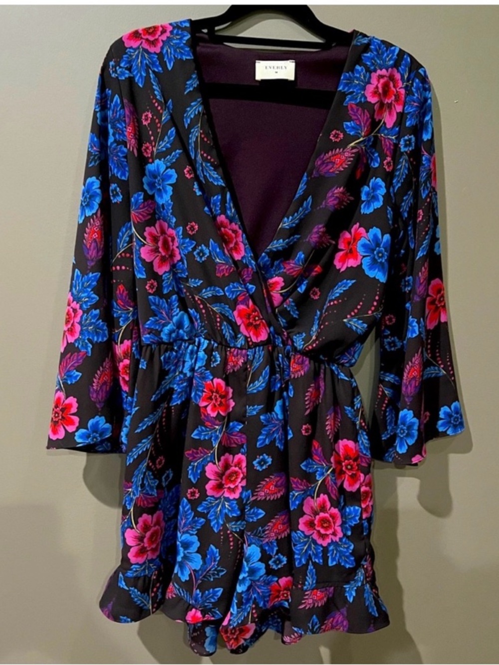 Everly Black Floral Wrap Romper with Blue & Pink Blooms